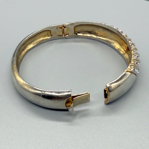 Vintage KJ Silver Gold Tone Hinged Bangle With Rhinestone Accents READ - Picture 4 of 13